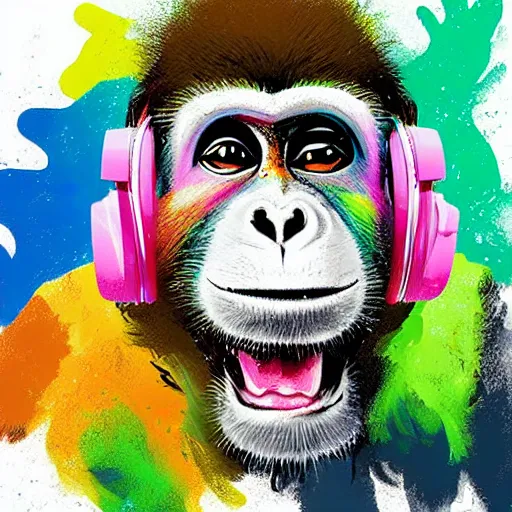 Prompt: colorful illustration of monkey in headphones, colorful splatters, by andy wrahol, by zac retz, by kezie demessance