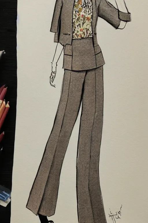 Prompt: a detailed fashion illustration of a midcentury hostess outfit with pants