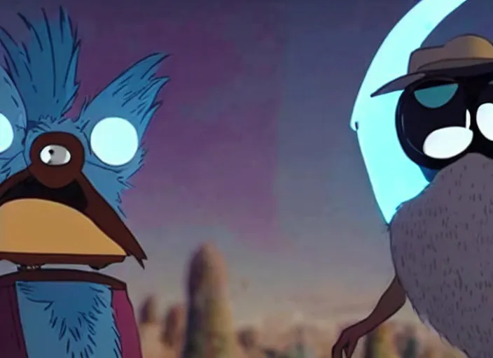 Image similar to film still of mordecai from regular show in the new scifi movie, 4 k