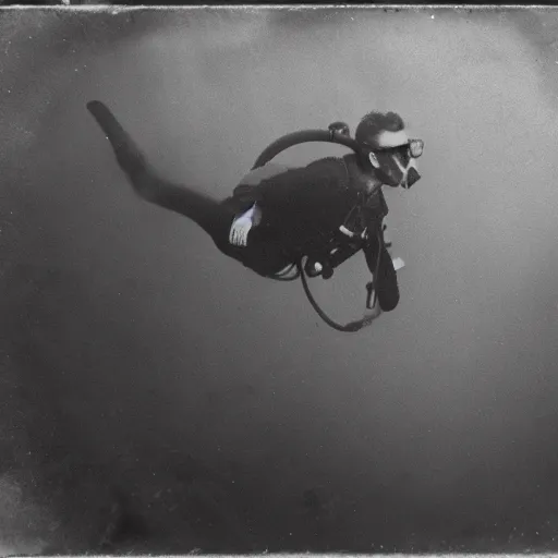Image similar to underwater tintype photo of scuba driver riding a octopus