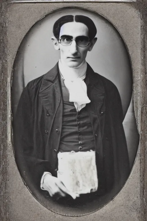 Image similar to portrait of patrick fischler as a snake oil salesman, daguerreotype, steampunk, groovy