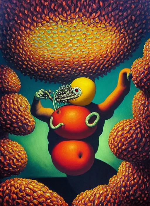 Image similar to hyper detailed Oil painting - Pepe Eats of the Strangling Fruit and His gossamer polyp blossoms bring iridescent fungal flowers whose spores black the foolish stars by Jacek Yerka, Mariusz Lewandowski, Abstract brush strokes, Masterpiece, Edward Hopper and James Gilleard, Zdzislaw Beksinski, Mark Ryden, Wolfgang Lettl, hints of Yayoi Kasuma