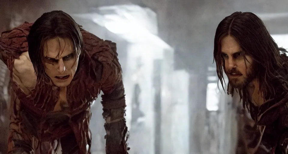 Image similar to tom cruise as the mummy fighting jared leto as morbius, film still