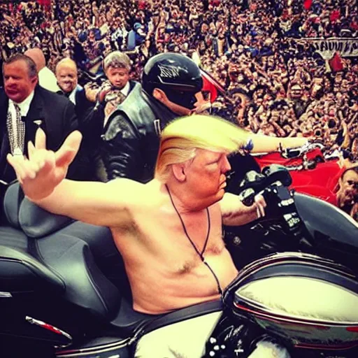 Prompt: “Trump with swollen pecks shirtless riding a Harley Davidson as he waves to a crowd of people”