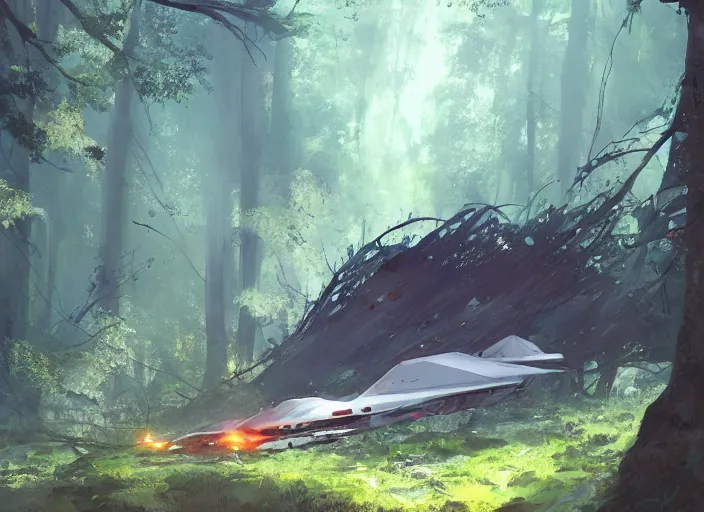 Image similar to one single spaceship crashed in a forest on the ground. Atmospheric lighting, nature, crashed, damaged. By Makoto Shinkai, Stanley Artgerm Lau, WLOP, Rossdraws, James Jean, Andrei Riabovitchev, Marc Simonetti, krenz cushart, Sakimichan, trending on ArtStation, digital art.