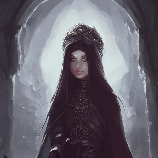 Prompt: grumpy girl, portrait, ice magic, dark hair, dark robe, intricate, elegant, highly detailed, cgsociety, trending on artstation, dnd, castle background, warm light, concept art, illustration