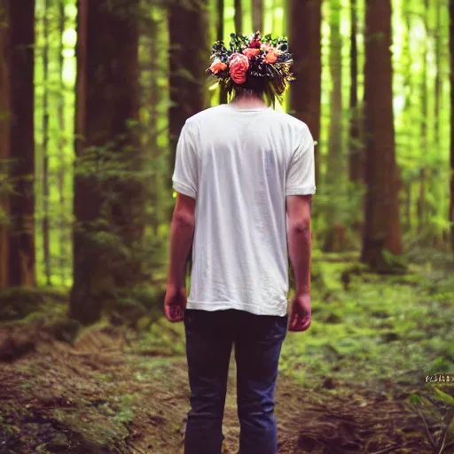 Prompt: close up kodak portra 4 0 0 photograph of a skinny blonde guy standing in dark forest, back view, flower crown, moody lighting, telephoto, 9 0 s vibe, blurry background, vaporwave colors, faded!,