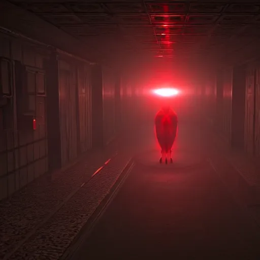 Image similar to a dark corridor with aggressive small red lights scattered and shining light on a new alien organism that arrived from Pluto, screenshot, Unreal Engine