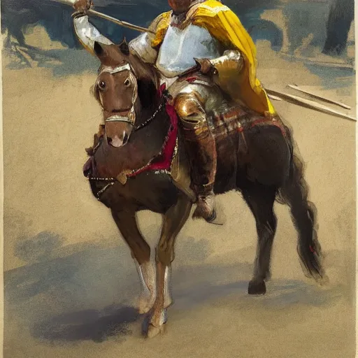 Image similar to man wearing chinmail and gambeson on horseback, holding jousting lance, horse is wearing caparisons, medieval by greg manchess, bernie fuchs, walter everett, lost edges