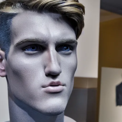 Image similar to a realistic detailed photo of a guy who is an attractive humanoid who is half robot and half humanoid, who is a male android, boxer and youtuber jake paul, shiny skin, posing like a statue, blank stare, at the museum, on display