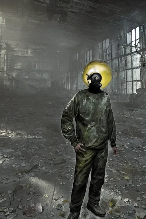 Image similar to a stalker with a detector in his hand from the game s.t.a.l.k.e.r stands next to a large translucent luminous sphere in an abandoned factory, realistic art