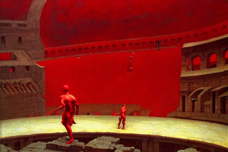 Image similar to only with red, a red gladiator in a crowded roman amphitheatre, crowd cheers him, in the style of beksinski, parts by edward hopper, parts by rodcenko, parts by yue minjun, intricate and epic composition, red by caravaggio, insane quality, highly detailed, masterpiece, red light, artstation