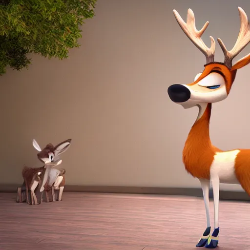 Image similar to portrait, 3 d render, anthropomorphic deer female, wearing long white dress, in the style of zootopia