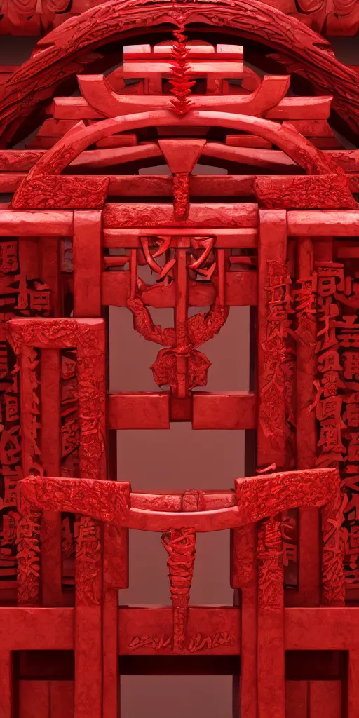 Image similar to 3 d render of a carved red torii gate sculpture, chrometype, made of liquid metal, neotribal with thorns and thunders, japanese temple, raytraced, volumetric lightning, 8 k, by zhelong xu, ouchh and and innate studio