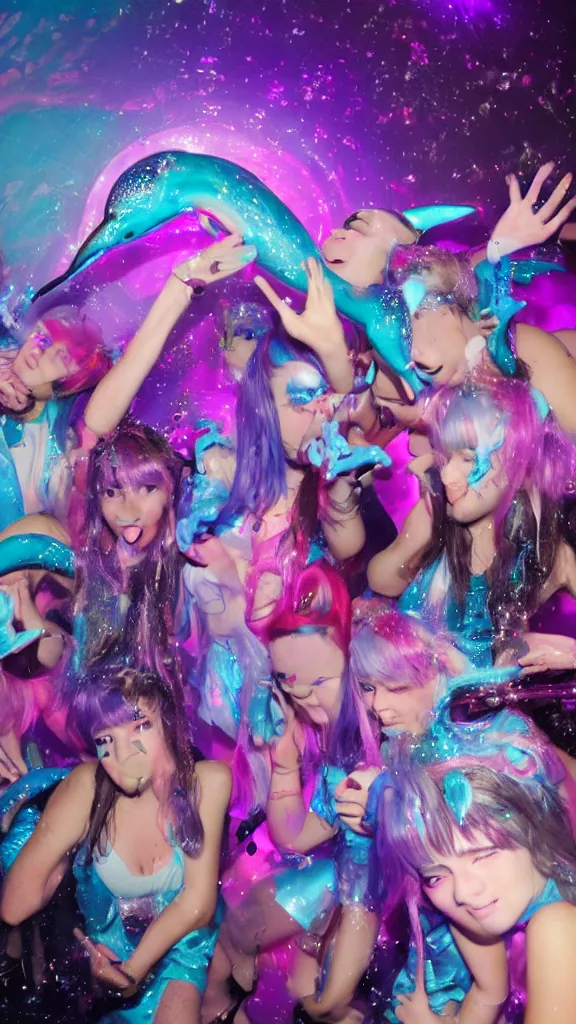 Prompt: popworld y 2 k dolphins, trolls and sparkles, seapunk