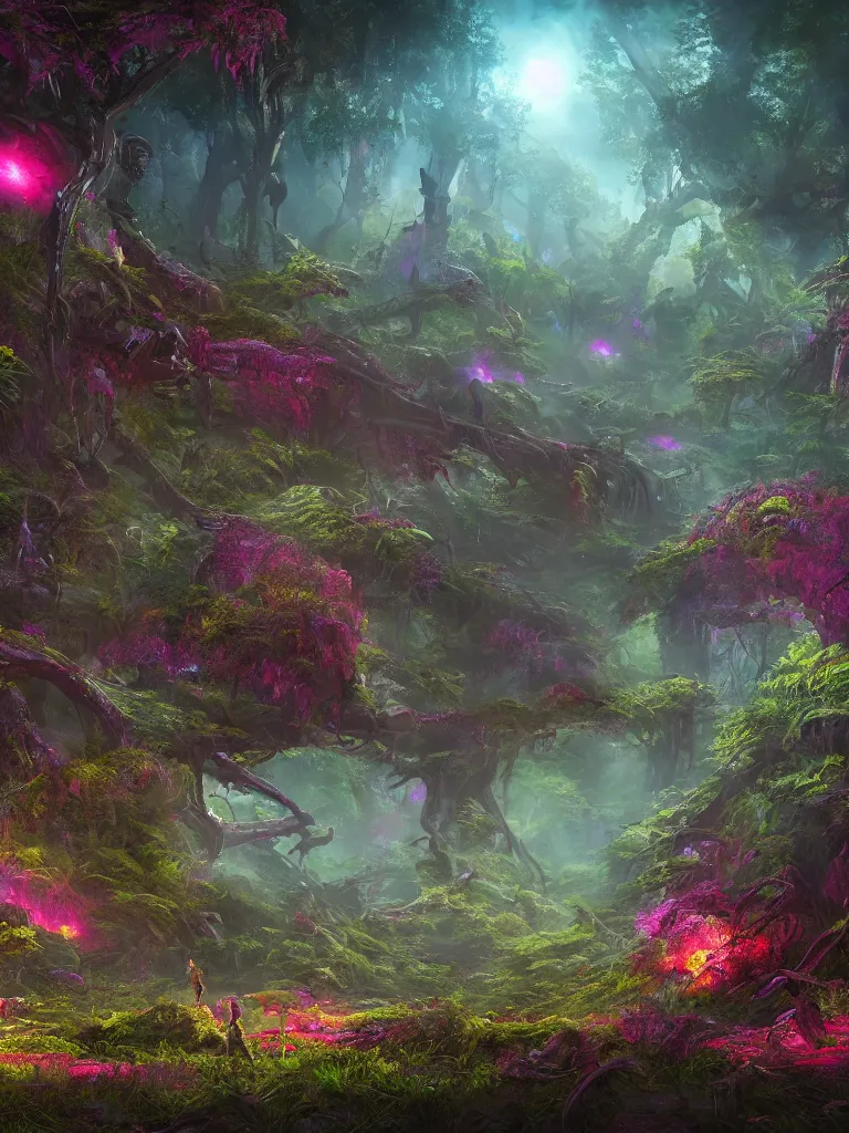 Prompt: a lush alien clearing, alien forest in background, otherworldly, wide angle, flowers, cinematic, very detailed, glow, night, vivid, featured on artstation, 4k