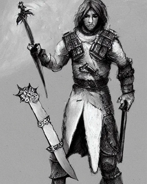 Image similar to a concept art of a D&D character, holding a small sword made by Donutello, white background