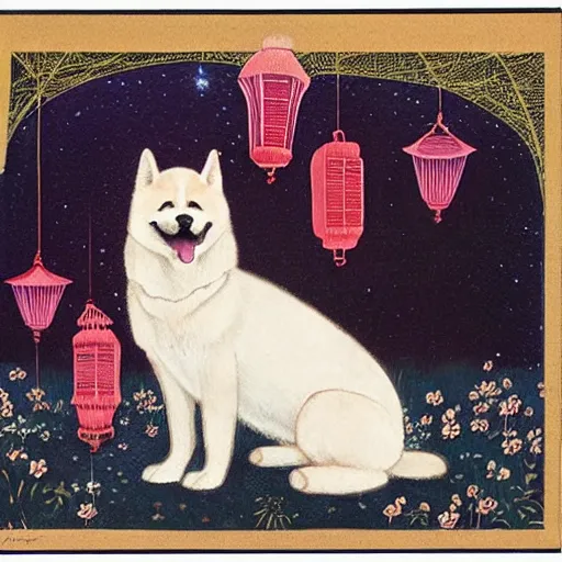 Prompt: portrait of a sitting red akita inu dog in a moonlit garden surrounded by floating lanterns, by warwick goble and kay nielsen