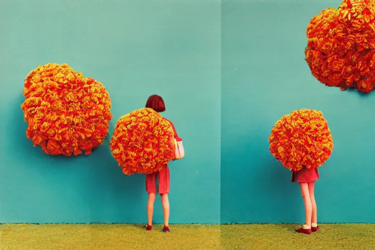 Image similar to giant flower head, girl standing, 1 9 6 0 s architecture, surreal photography, frontal, symmetry, mid century, liminal space, bright colours, wes anderson