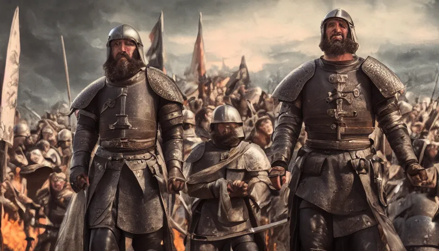 Prompt: cinematic shot of a medieval commander standing in the foreground with his army of warriors behind him with a smile on his face, artwork by greg rutowski, 4 k, masterpiece