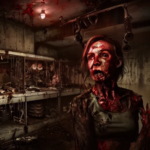 Prompt: fallout 5, butcher angry horror zombie, detailled portrait, indoors dilapidated butchery interior, atmospheric lighting, intricate, volumetric lighting, grimdark, daytime, sharp focus, deep colours, ultra intricate detailed, octane render, unreal engine, by leesha hannigan, ross tran, thierry doizon, kai carpenter, ignacio fernandez rios