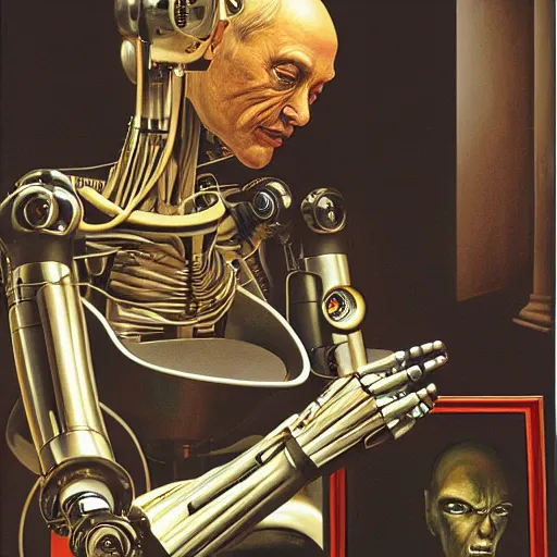 Image similar to robot artist artist painting a self portrait, by clyde caldwell, james c. christensen, h. r. giger, george tooker