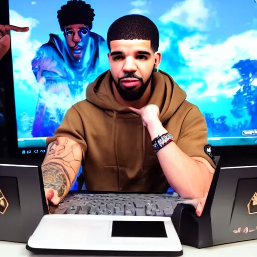 Image similar to The rapper drake playing fortnite on his computer