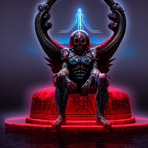 Prompt: highly detailed dark god sit on the tron, surreal, night, death, fear, horror, barlowe, wayne, hyperrealism, detailed and intricate environment