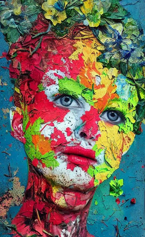 Image similar to illustration, gouache impasto of human face, blossoms, intricate, by artur bordalo