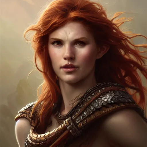 Image similar to portrait of a young ruggedly handsome buxom but joyful barbarian, female, feminine, upper body, red hair, long hair, d & d, fantasy, seductive smirk, intricate, elegant, highly detailed, digital painting, artstation, concept art, matte, sharp focus, illustration, art by artgerm and greg rutkowski and alphonse mucha