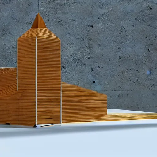 Image similar to beautiful render photorealistic le corbusier architecture in style of russian wooden church