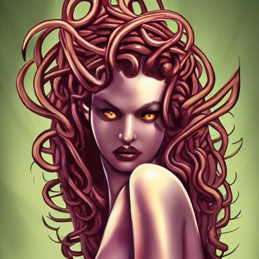 Image similar to medusa painting, comic style, seductive, dynamic lighting, artstation, detailed, blurred background