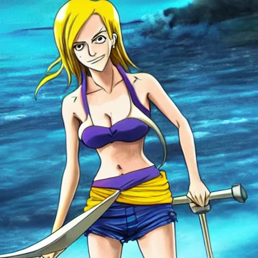 Image similar to A full body portrait of emma watson as Nami from one piece holding a trident in one hand, leage of legends