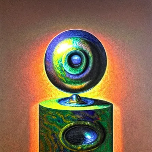 Prompt: a detailed realistic oil pastel of an ancient chromed artifact in the shape of a torus, ornate with prismatic light radiating from it, on top of a marbled pedestal in a dark room, moody misty fantasy retrofuturistic art, 3 d raytraced masterpiece, by rembrandt