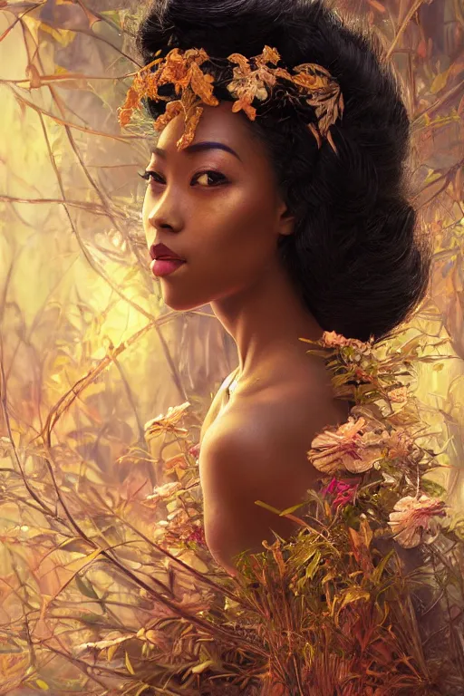 Image similar to stunningly beautiful, nubian geisha prima ballerina in jungle, symmetrical face, golden hour, smooth, focus, highly detailed, hyper realistic, dramatic lighting, elegant, intricate, concept art, art by wlop, mars ravelo, greg rutowski, artstation