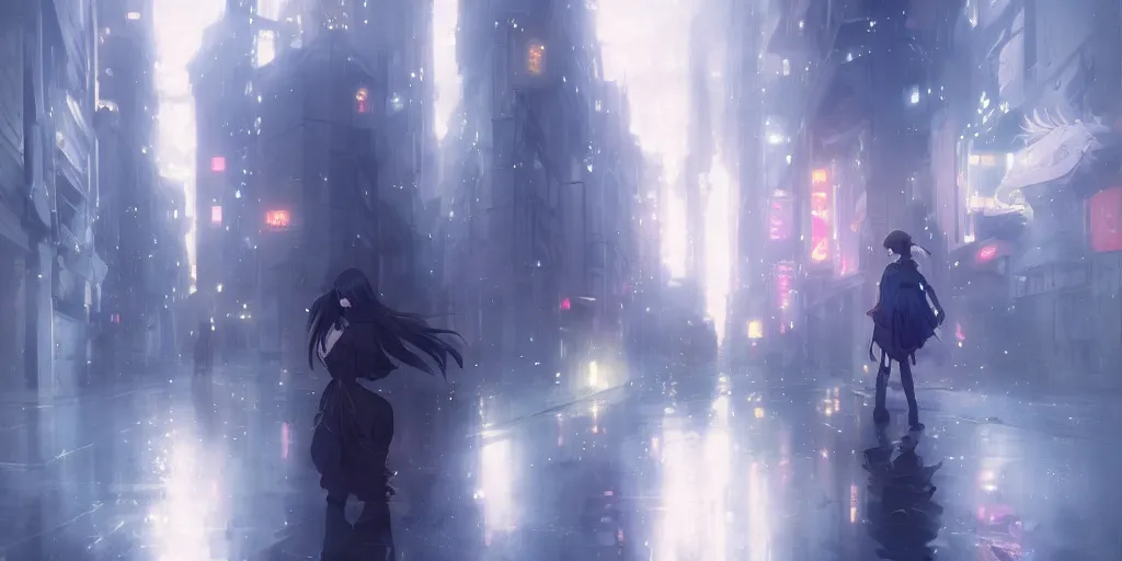 Image similar to anime kyoto animation key by greg rutkowski night, single white hair girl in night city