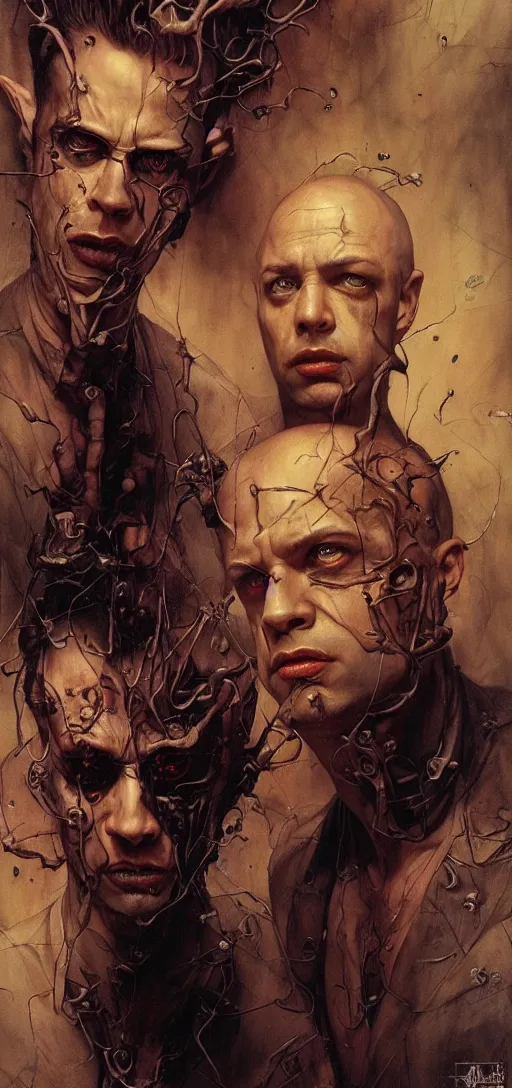 Prompt: portrait of tyler durden and the narrator in the style of wayne barlowe, gustav moreau, peter mohrbacher, bussiere, roberto ferri, santiago caruso, luis ricardo falero, austin osman spare