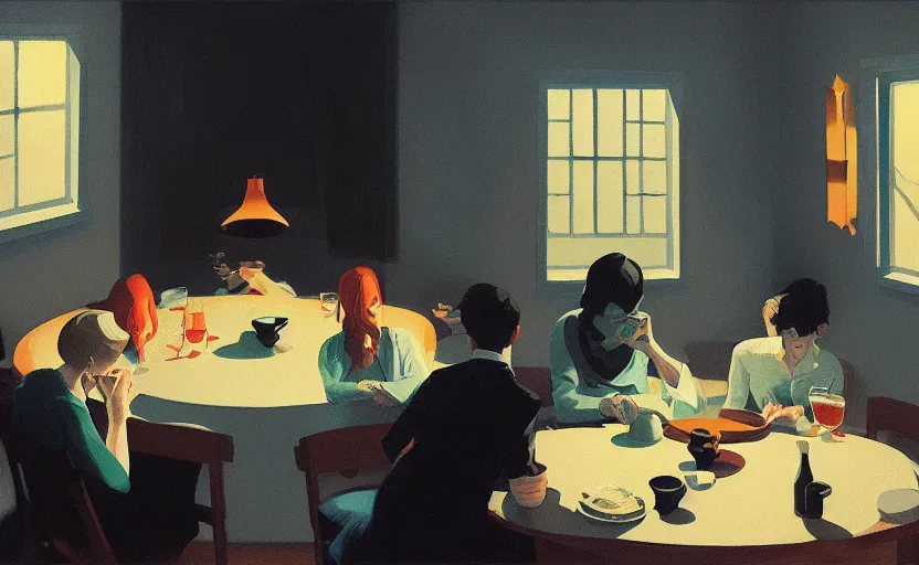 Image similar to a mysterious dinner scene illustration by atey ghailan and escher and edward hopper, surreal