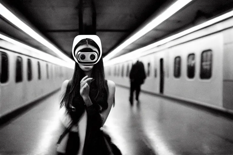 Image similar to girl in augmented reality headset in a subway, richard avedon, tri - x pan, ominous lighting