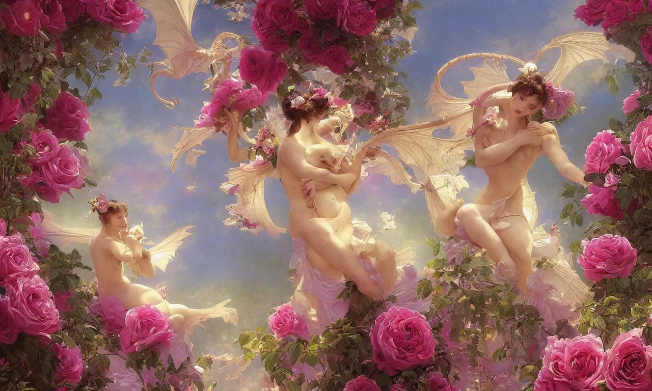 Prompt: a luminous springtime fairytale of an iridescent dragon in a romantic rose garden. Neon light, masterpiece 4k digital illustration by Artgerm and William-Adolphe Bouguereau, award winning, Artstation, Gustave Dore' background, intricate details, realistic, panoramic view, volumetric lighting, Hyperdetailed, 8k resolution, intricate art nouveau, golden hour, rendered in Unreal Engine 3