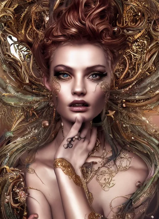 Prompt: beauteous practical sumptuous tattoos on beautiful face, by victoria frances in crystal, gold, copper, bronze biomechanical with incredible iridescent pearlescent voluminous neon hair, crystalline masterpiece incrustations, hyperdetailed face, elegant pose, movie still, intricate, octane render, cinematic forest lighting, unreal engine, crepuscular rays, god rays