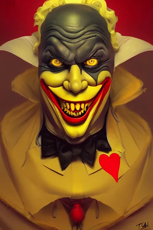 Image similar to a very fat sinister looking joker dressed in yellow and red rubber latex Ronald Macdonalds costume, fantasy, intricate and very very beautiful and elegant, highly detailed, digital painting, artstation, concept art, smooth and sharp focus, illustration, art by tian zi and WLOP and alphonse mucha