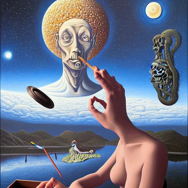 Prompt: an oil on canvas portrait of a man painting a portrait of a beautiful woman, surrealism, surrealist, lovecraftian, cosmic horror, rob gonsalves, high detail