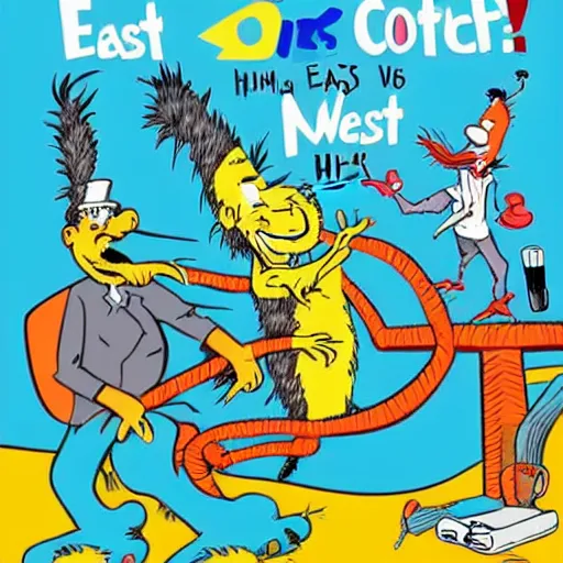 Prompt: The East Coast–West Coast hip hop rivalry, attacks, illustrated by Dr Seuss