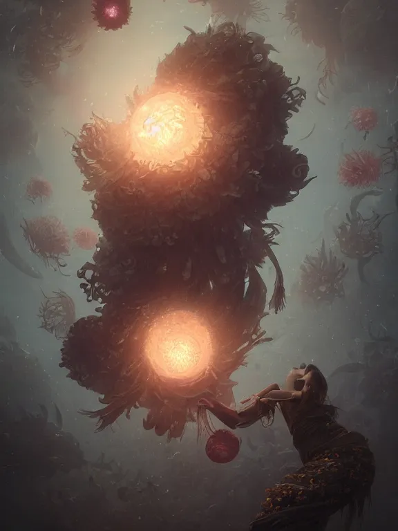 Image similar to a fancy portrait of a giant floating flower and jellyfish by Greg Rutkowski, Sung Choi, Mitchell Mohrhauser, Maciej Kuciara, Johnson Ting, Maxim Verehin, Peter Konig, Bloodborne, beeple, 8k photorealistic, cinematic lighting, HD, high details, atmospheric , trending on artstation. made in Maya, Blender and Photoshop, octane render, excellent composition, cinematic dystopian brutalist atmosphere, dynamic dramatic cinematic lighting, aesthetic, very inspirational, arthouse. y Greg Rutkowski, Ilya Kuvshinov, WLOP, Stanley Artgerm Lau, Ruan Jia and Fenghua Zhong