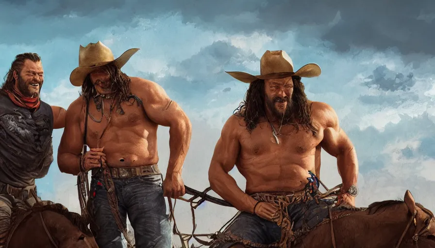 Prompt: John Wayne and Jason Momoa, photoshooting, hyperdetailed, artstation, cgsociety, 8k