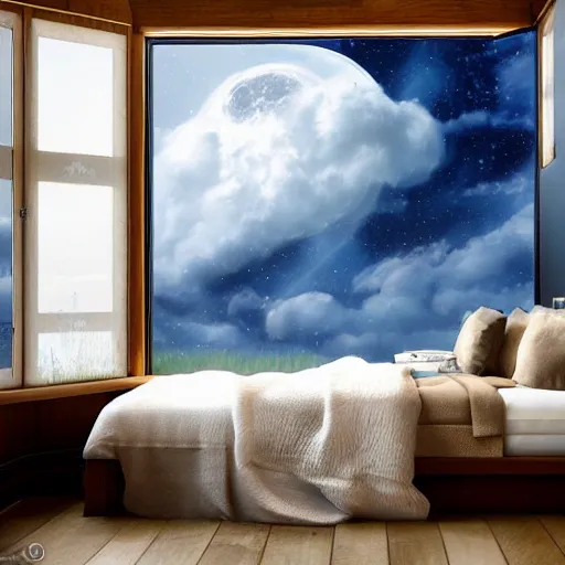 Image similar to Cozy bedroom aboard a flying ship window looks on moonlit clouds and stars, soft bed blankets log cabin walls hyperrealism