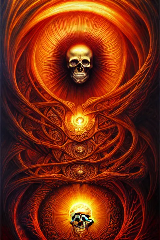 Prompt: A beautiful detailed deeath sun godness, tarot card, by tomasz alen kopera and Justin Gerard, symmetrical features, ominous, magical realism, texture, intricate, ornate, royally decorated, skull, skeleton, whirling smoke, embers, red adornements, red torn fabric, radiant colors, fantasy, trending on artstation, volumetric lighting, micro details, 3d sculpture, ray tracing, 8k, anaglyph effect