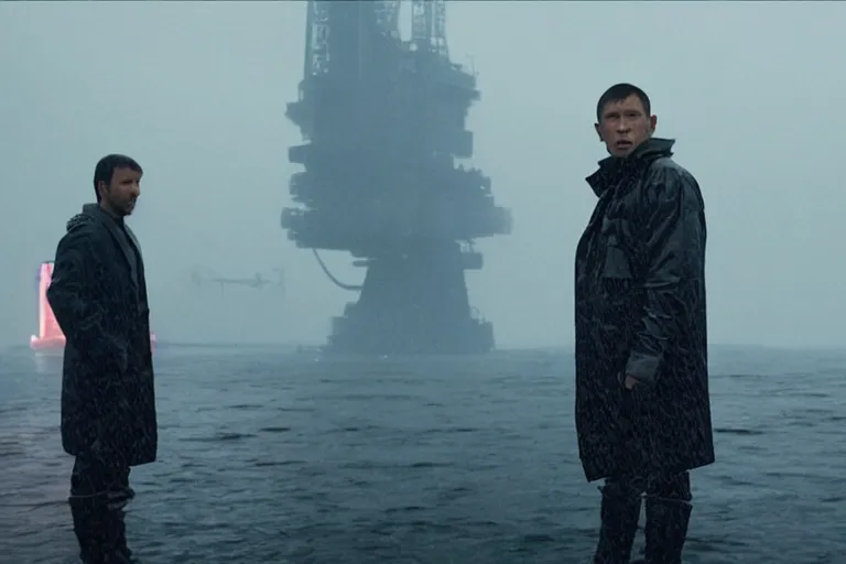 Prompt: a still from bladerunner 2 0 4 9 depicting a medium shot of akie kotabe wearing wet weather gear. he stares intently into the camera with a worried expression. behind him is a futuristic oil rig in the deep ocean. sci fi, futuristic, cinematic, low light, soft focus.