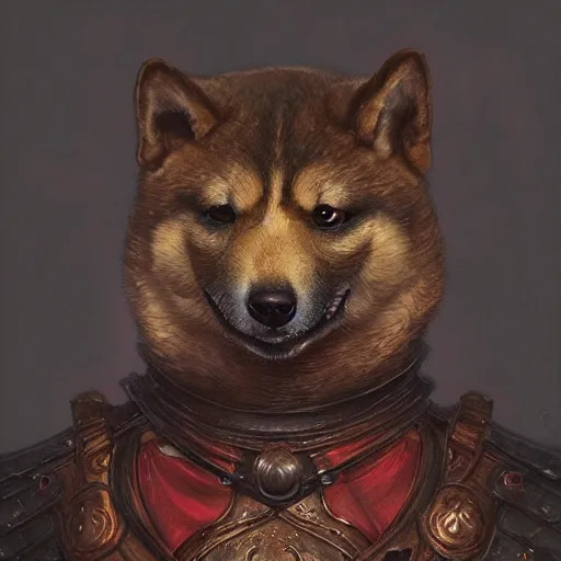 Image similar to anthropomorphic shiba inu, wearing berserk armor, dark glowing red aura, fantasy, dark graveyard scene, portrait art by donato giancola and greg rutkowski, realistic face, digital art, trending on artstation, symmetry